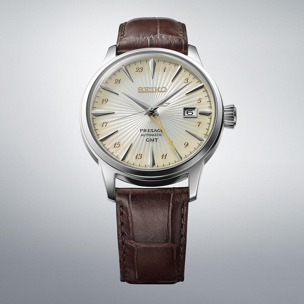 SEIKO Presage 'Acacia' Cocktail Time GMT Automatic Beige Dial 40.5mm Silver Stainless Steel Brown Leather Strap SSK041J1