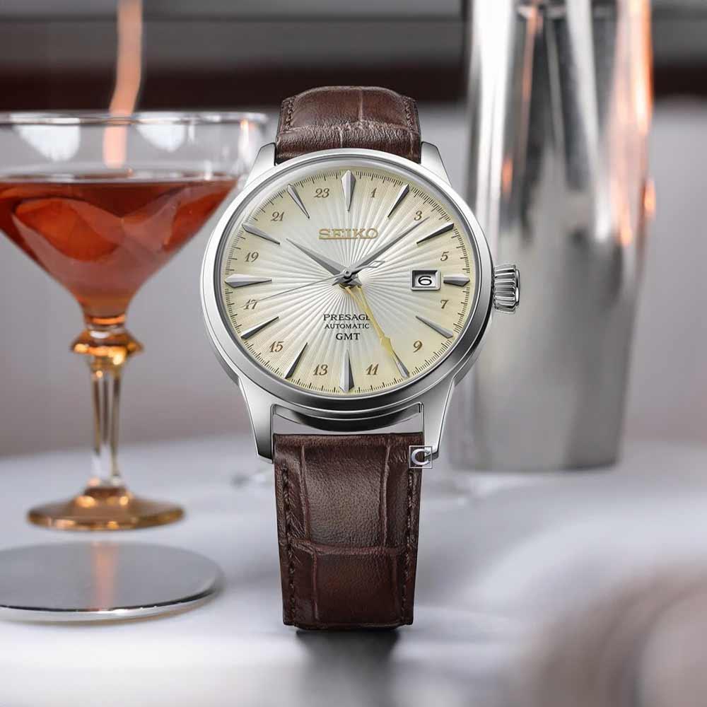 SEIKO Presage 'Acacia' Cocktail Time GMT Automatic Beige Dial 40.5mm Silver Stainless Steel Brown Leather Strap SSK041J1