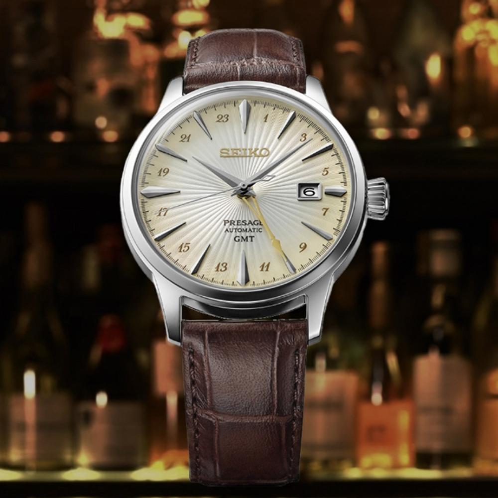 SEIKO Presage 'Acacia' Cocktail Time GMT Automatic Beige Dial 40.5mm Silver Stainless Steel Brown Leather Strap SSK041J1 - 6