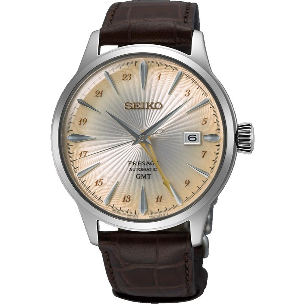 SEIKO Presage 'Acacia' Cocktail Time GMT Automatic Beige Dial 40.5mm Silver Stainless Steel Brown Leather Strap SSK041J1