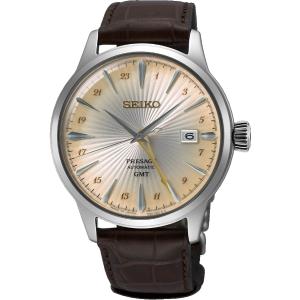 SEIKO Presage 'Acacia' Cocktail Time GMT Automatic Beige Dial 40.5mm Silver Stainless Steel Brown Leather Strap SSK041J1 - 48716