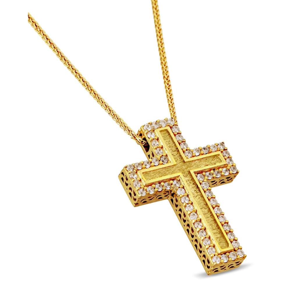 CROSS Women's Hand Made with Chain SENZIO Collection K14 Yellow Gold with Zircon Stones STM0015