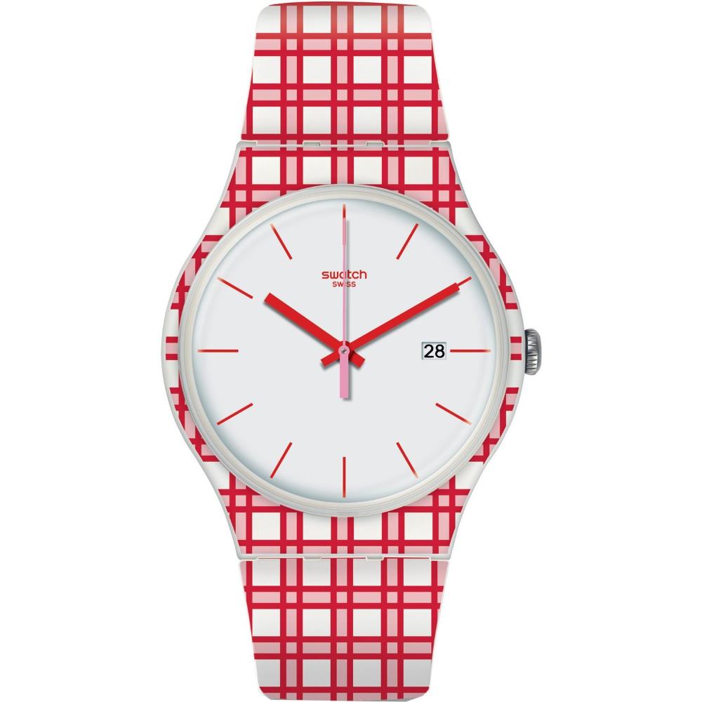 SWATCH Piknik Three Hands 41mm Red & White Silicon Strap SUOW401
