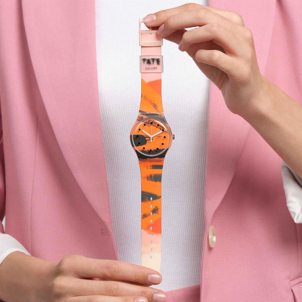 SWATCH X Tate Gallery Orange and Red on Pink by Wilhelmina Barns-Graham 41mm Multicolor Rubber Strap SUOZ362