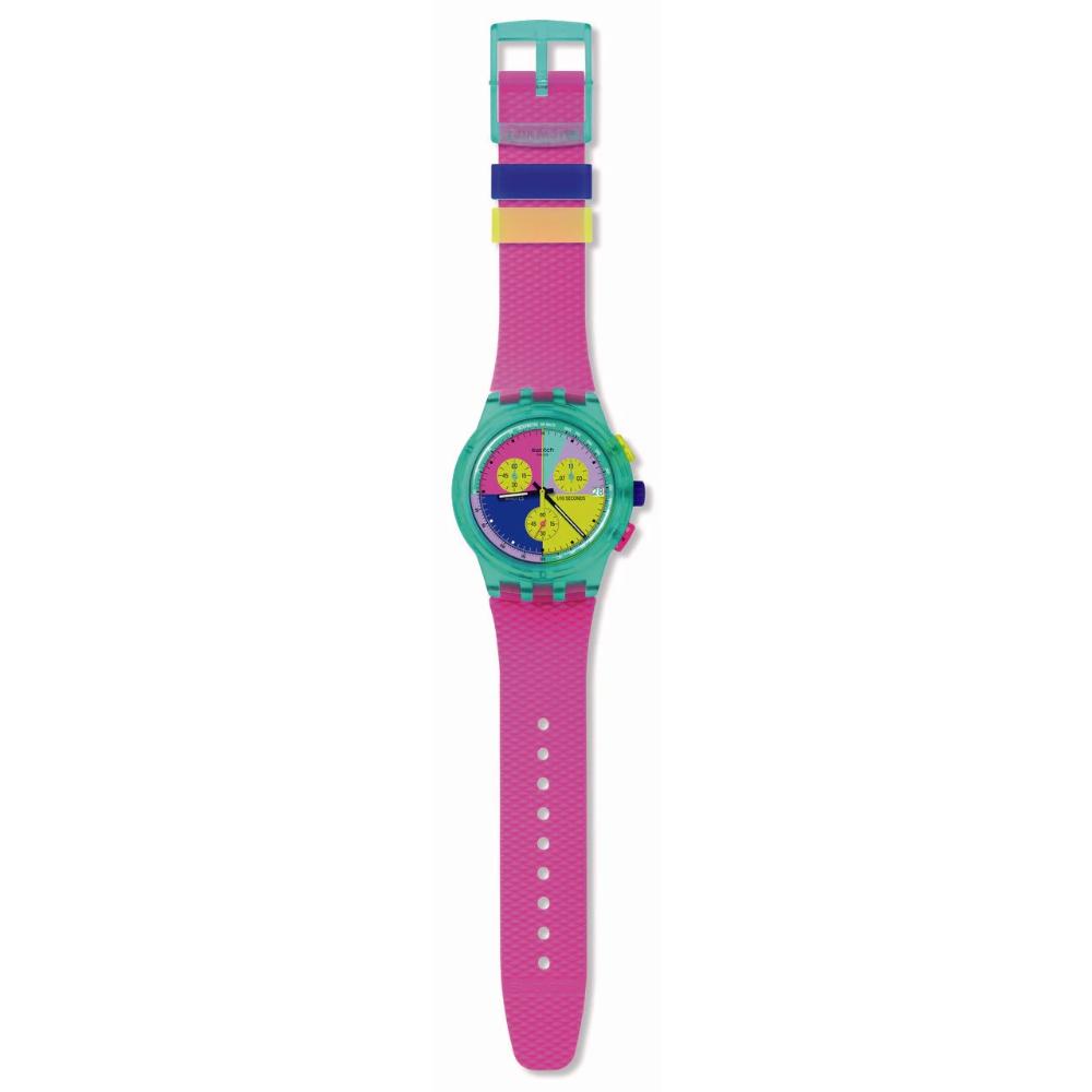 SWATCH Neon Flash Arrow Chronograph 42mm Pink Silicon Strap SUSG408