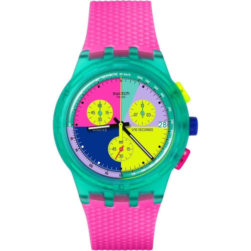 SWATCH Neon Flash Arrow Chronograph 42mm Pink Silicon Strap SUSG408