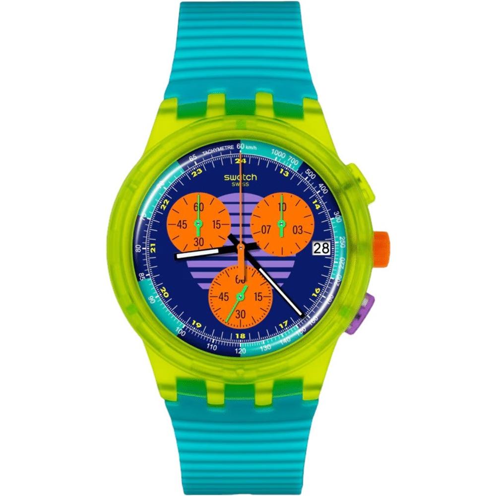 SWATCH Neon Wave Chronograph 42mm Turquoise Silicon Strap SUSJ404