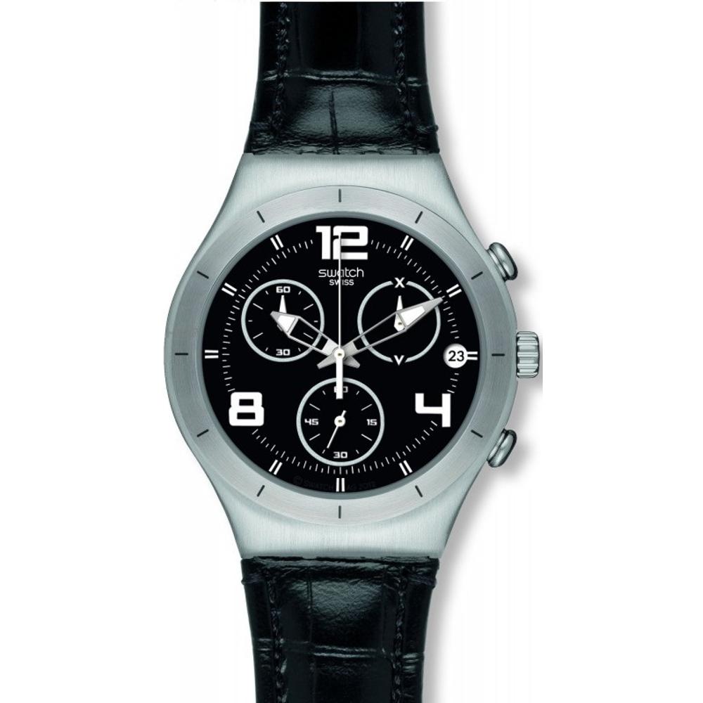 SWATCH Black Casual Chronograph 40mm Silver Stainless Black Leather Strap YCS569