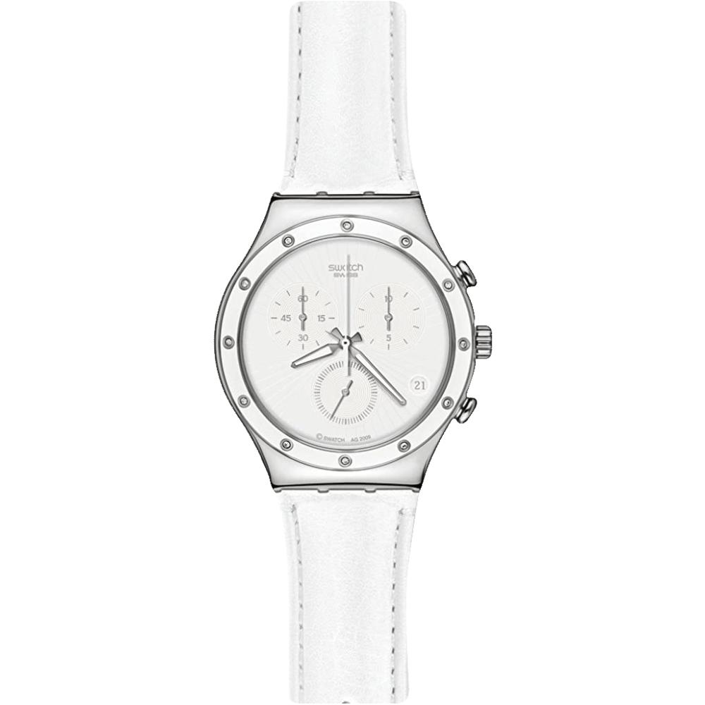 SWATCH White Sun Chronograph 40mm Silver Stainless Steel White Leather Strap YCS535