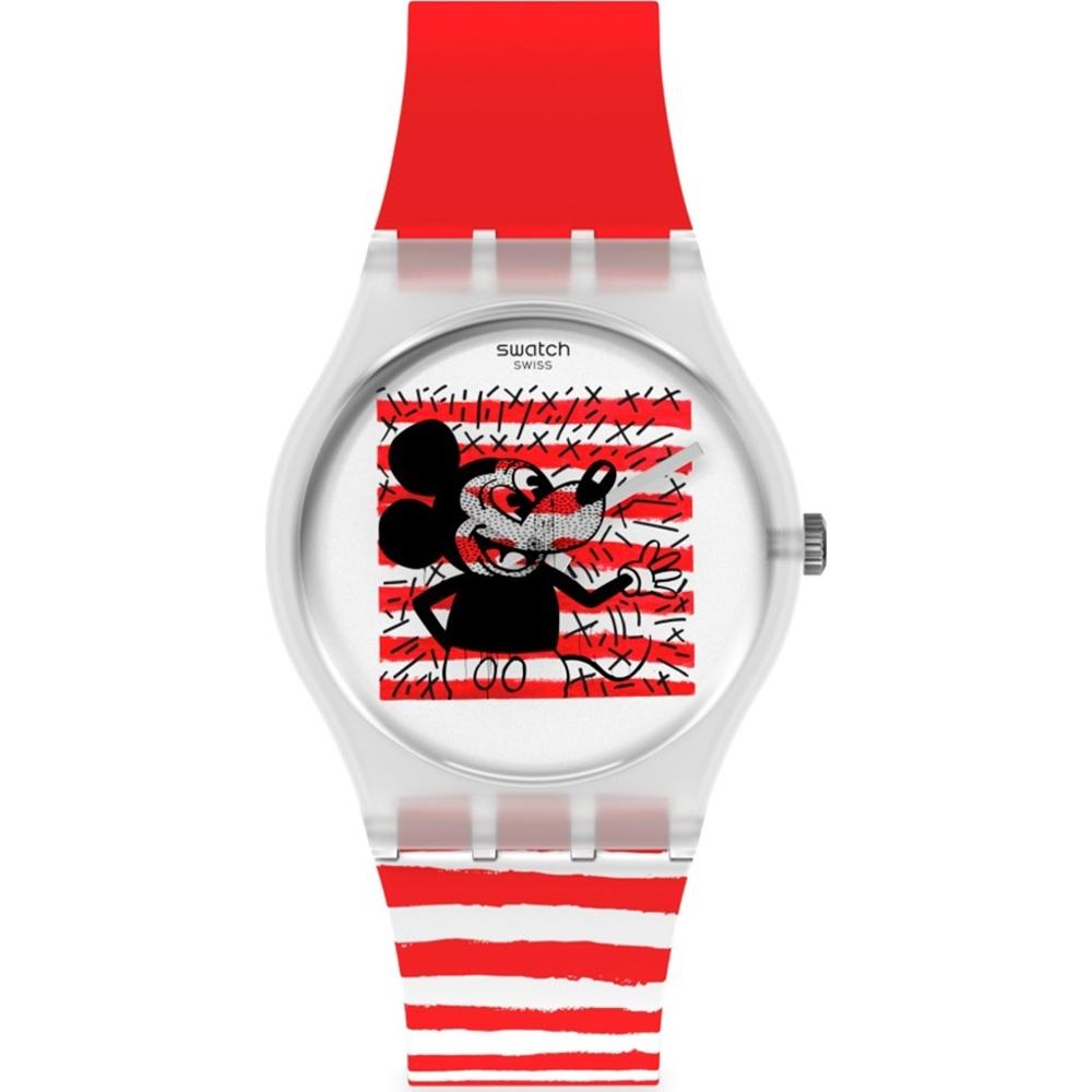 SWATCH Mouse Mariniere Three Hands 34mm Two Tone Red & White Strap GZ352 - 1