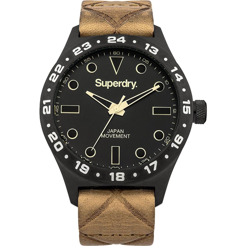 SUPERDRY Match Three Hands 44mm Black Stainless Steel Brown Leather Strap SYG127T
