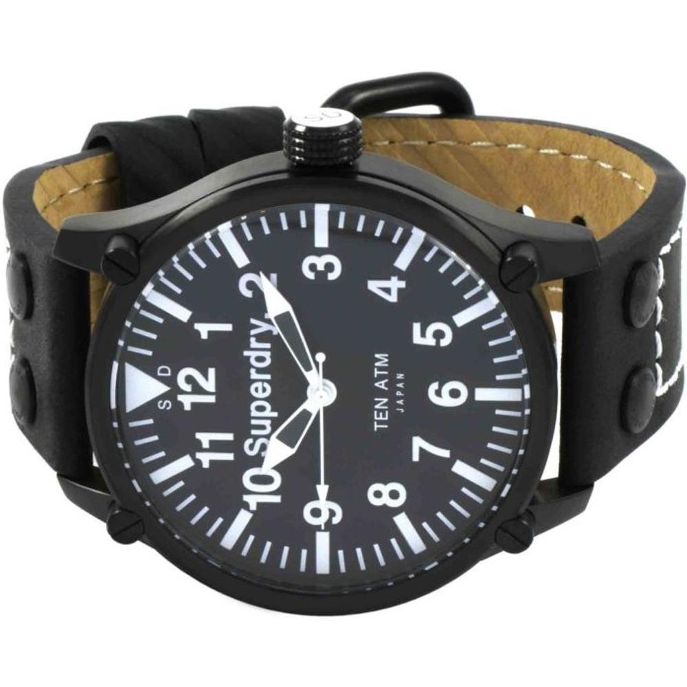 SUPERDRY Aviation Three Hands 48mm Black Stainless Steel Black Leather Strap SYG151W