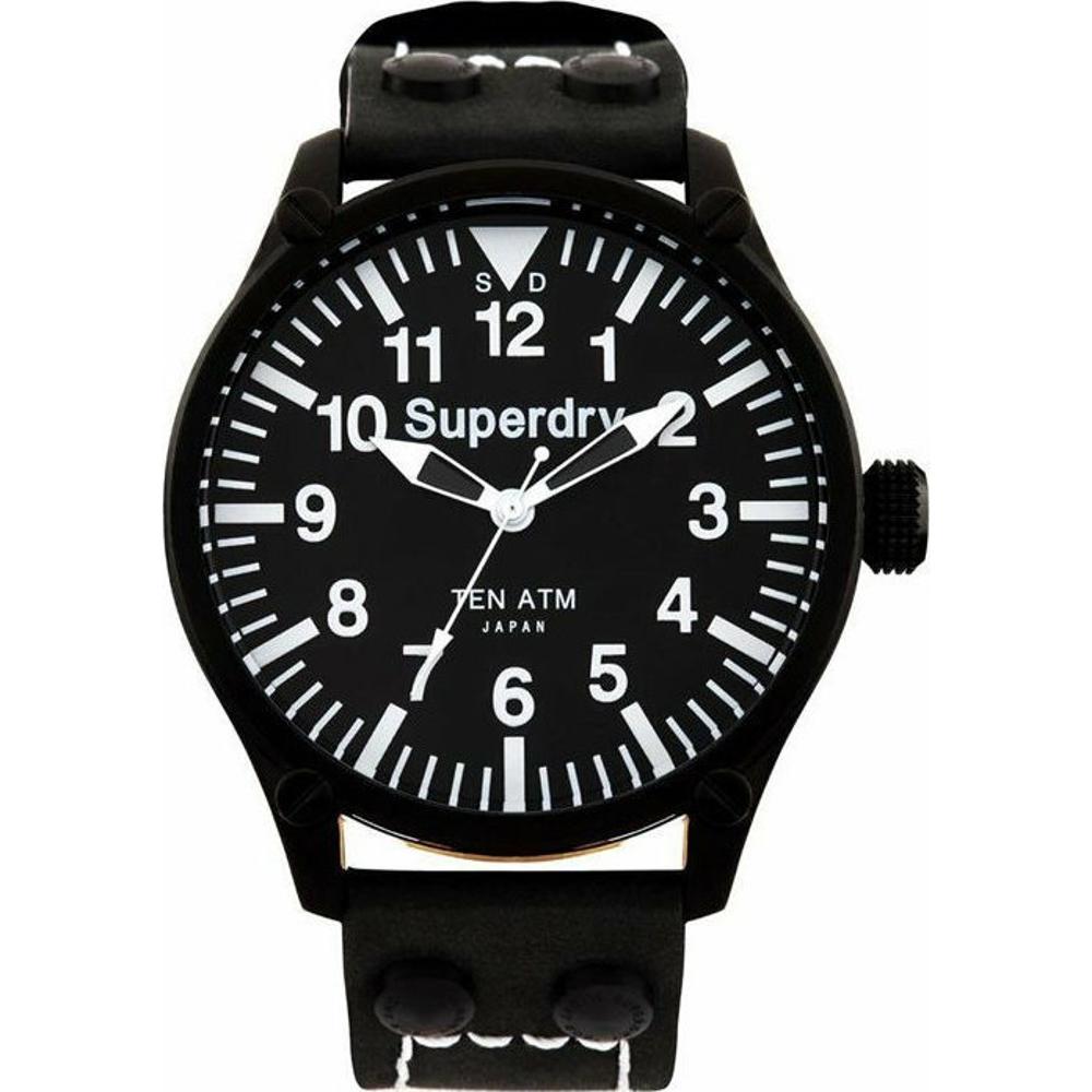 SUPERDRY Aviation Three Hands 48mm Black Stainless Steel Black Leather Strap SYG151W