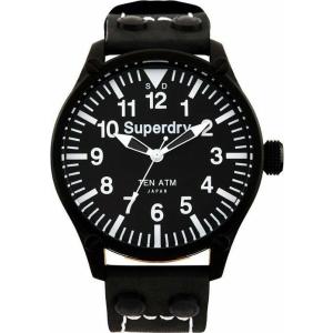 SUPERDRY Aviation Three Hands 48mm Black Stainless Steel Black Leather Strap SYG151W - 11569