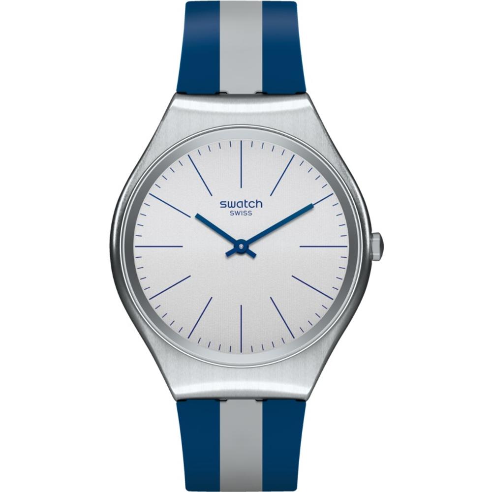 SWATCH Skinspring Three Hands 38mm Stainless Steel Two Tone Blue & Silver Silicone Strap SYXS107