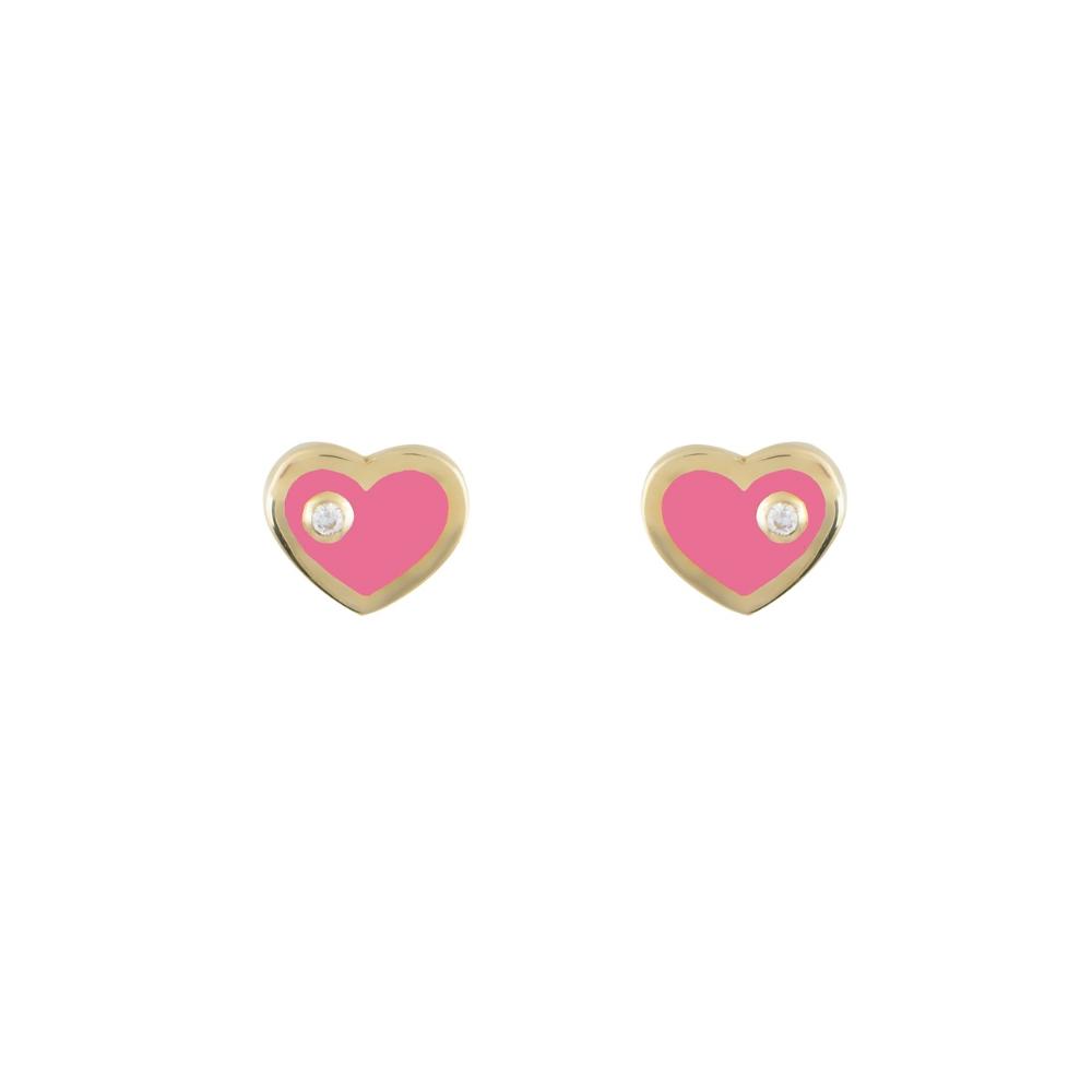 EARRINGS Hearts Yellow Gold K9 with Pink Enamel Zircon Stones SZP397Y.K9