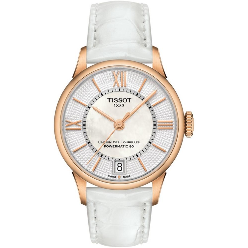 TISSOT Chemin Des Tourelles Powermatic 80 Lady Three Hands 32mm Rose Gold Stainless Steel White Leather Strap T099.207.36.118.00