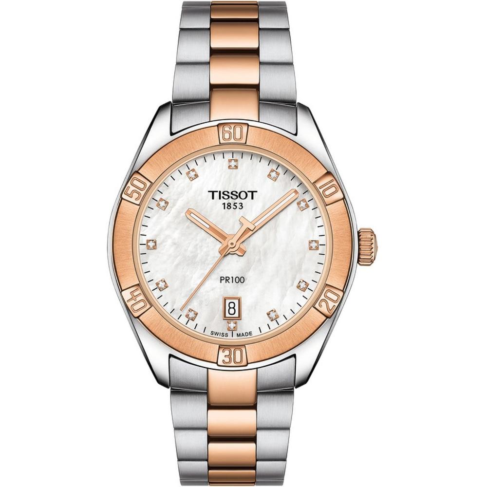 TISSOT PR 100 Sport Chic Lady's Diamonds White Pearl Dial 36mm Two Tone Rose Gold Stainless Steel Bracelet T101.910.22.116.00
