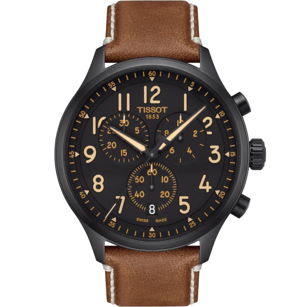 TISSOT XL Vintage Chronograph Black Dial 45mm Black Stainless Steel Brown Leather Strap T116.617.36.052.03