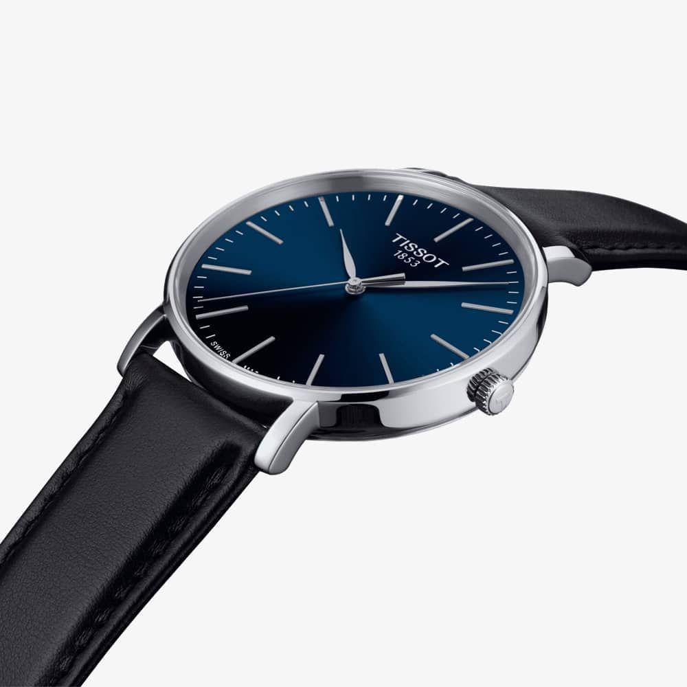 TISSOT Everytime Blue Dial 40mm Silver Stainless Steel Black Leather Strap T143.410.16.041.00