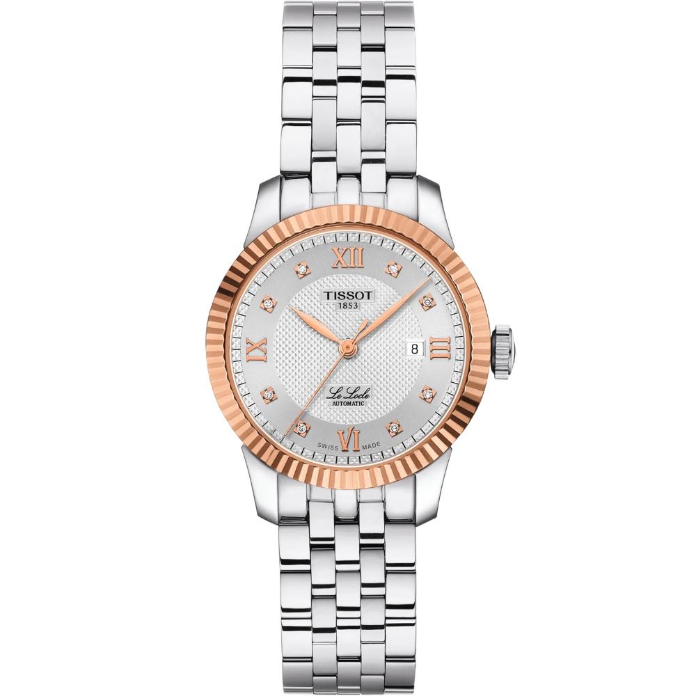 TISSOT Le Locle Automatic Lady's Silver Dial with Diamonds 29mm Rose Gold 18K Bezel Stainless Steel Bracelet T932.207.41.036.00