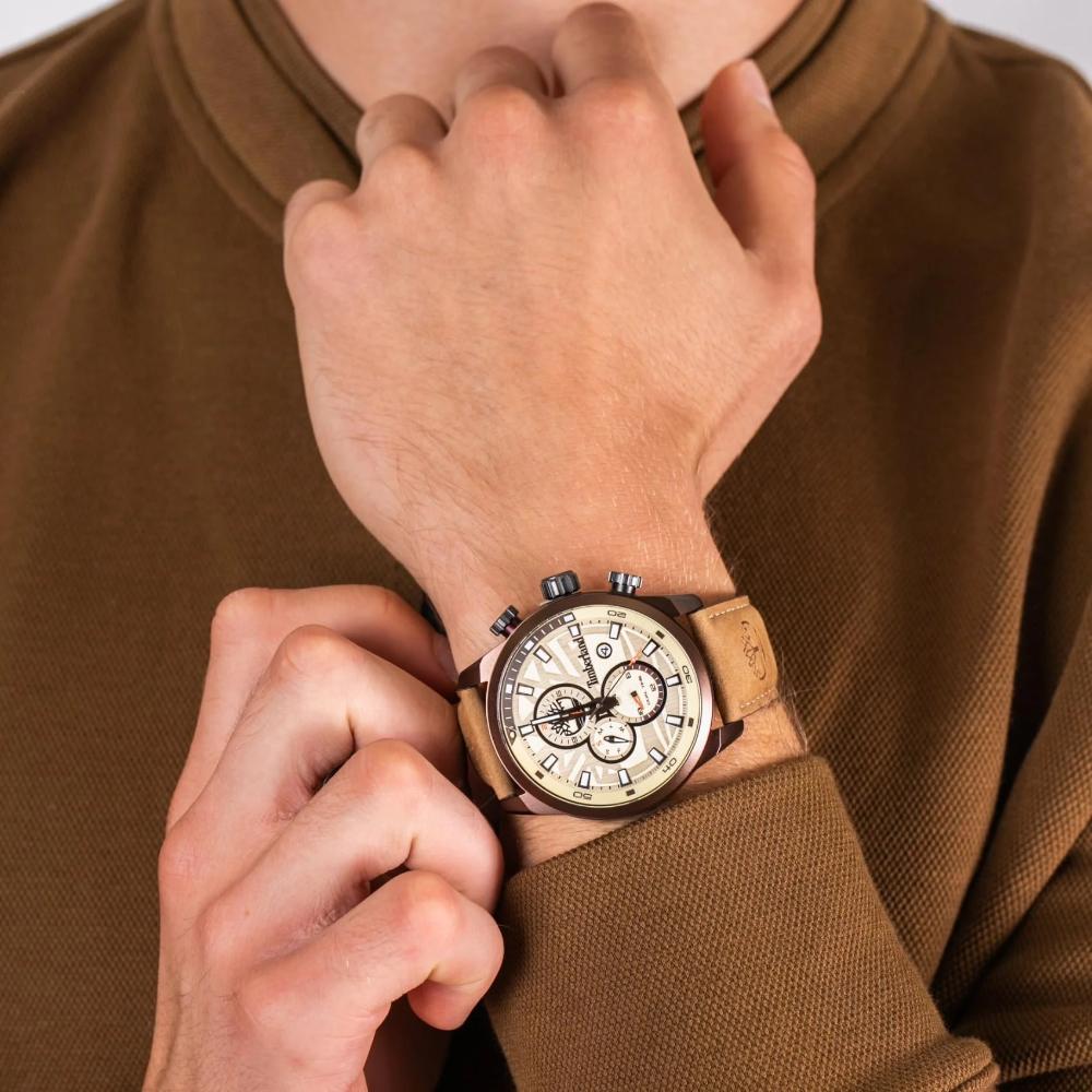 TIMBERLAND Henniker II Dual-Time Multifunction Beige Dial 46mm Bronze Alumimium Brown Strap TBL14816JLBN07