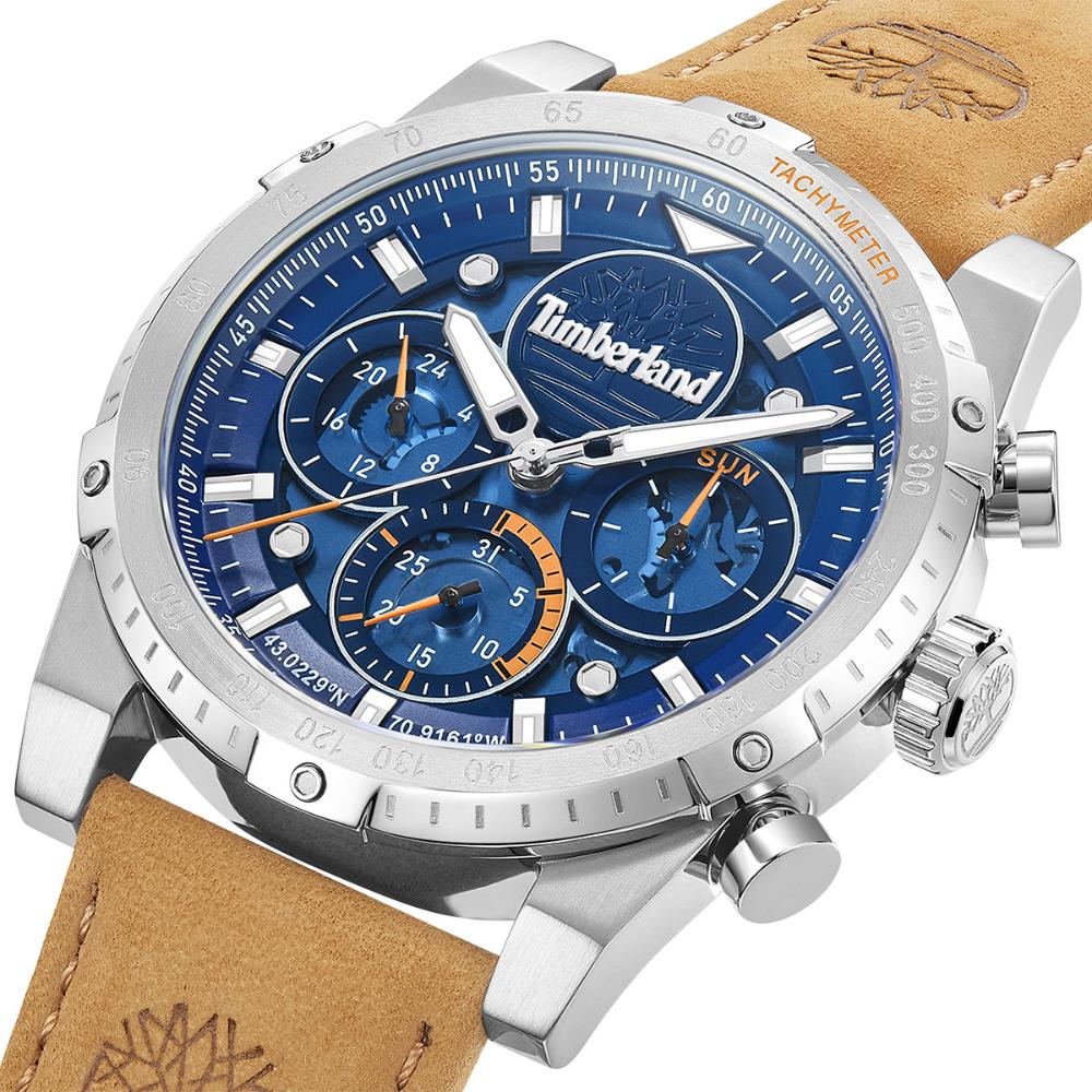 TIMBERLAND Sherbrook Multifunction Blue 45mm Silver Stainless Steel Brown Leather Strap TDWGF0009404