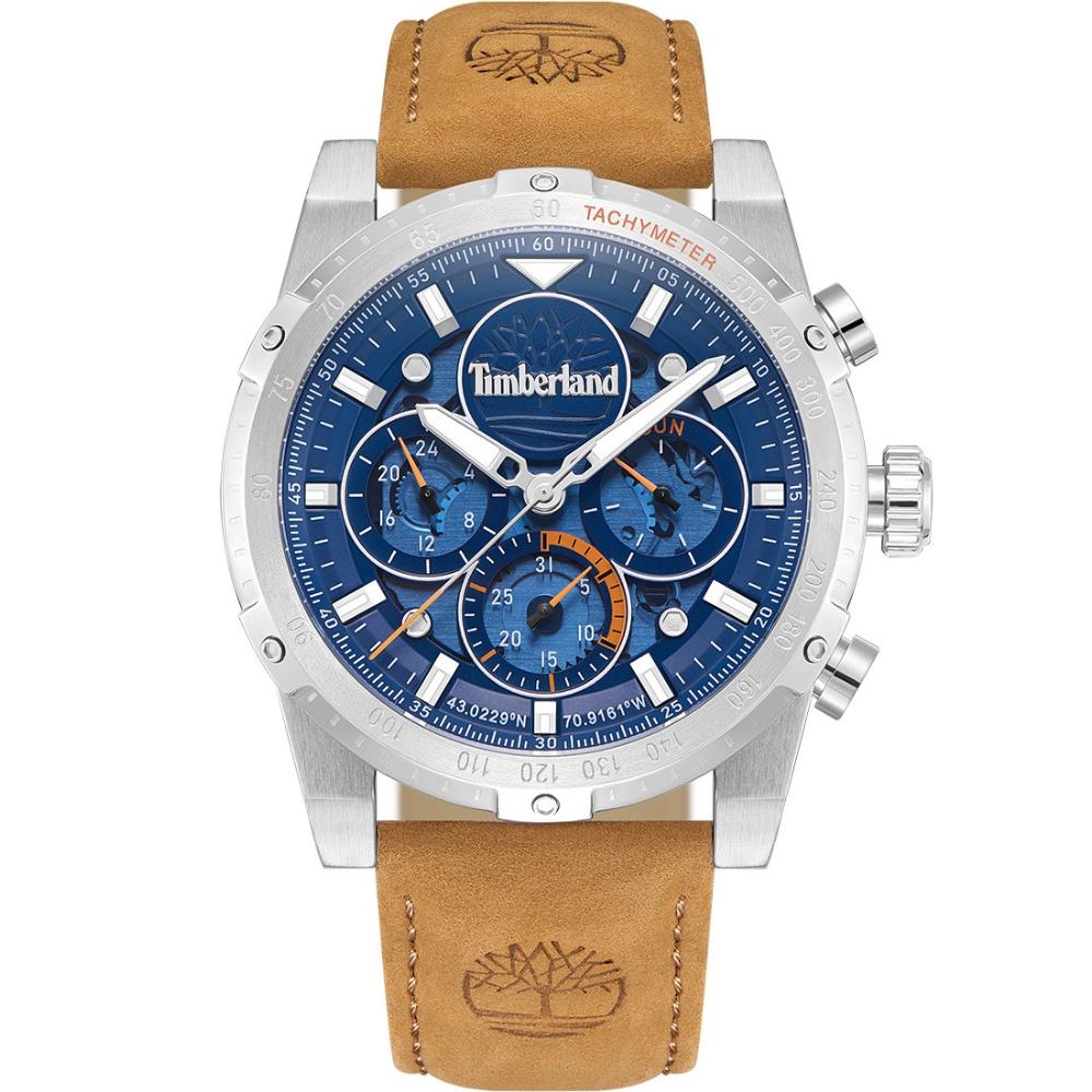 TIMBERLAND Sherbrook Multifunction Blue 45mm Silver Stainless Steel Brown Leather Strap TDWGF0009404