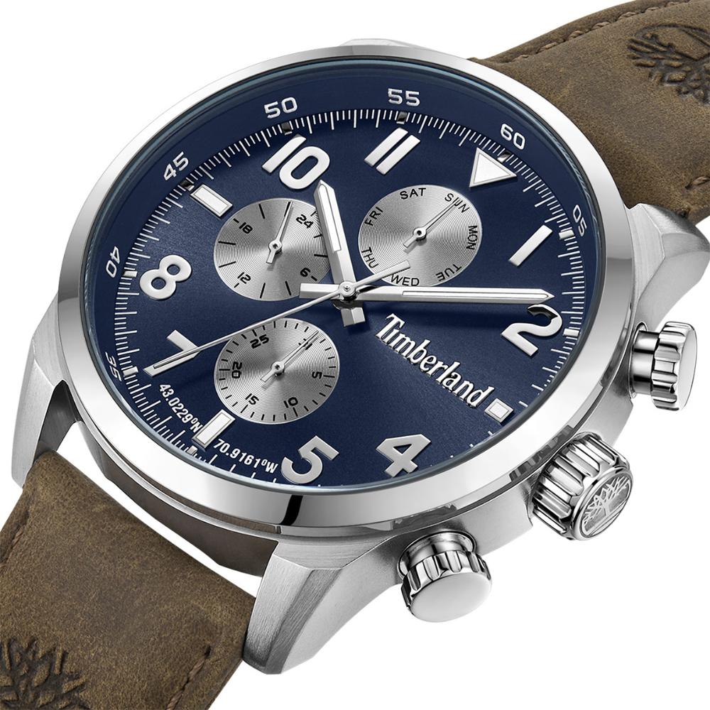 TIMBERLAND Henniker II Multifunction Blue Dial 46mm Silver Stainless Steel Brown Leather Strap TDWGF0009501