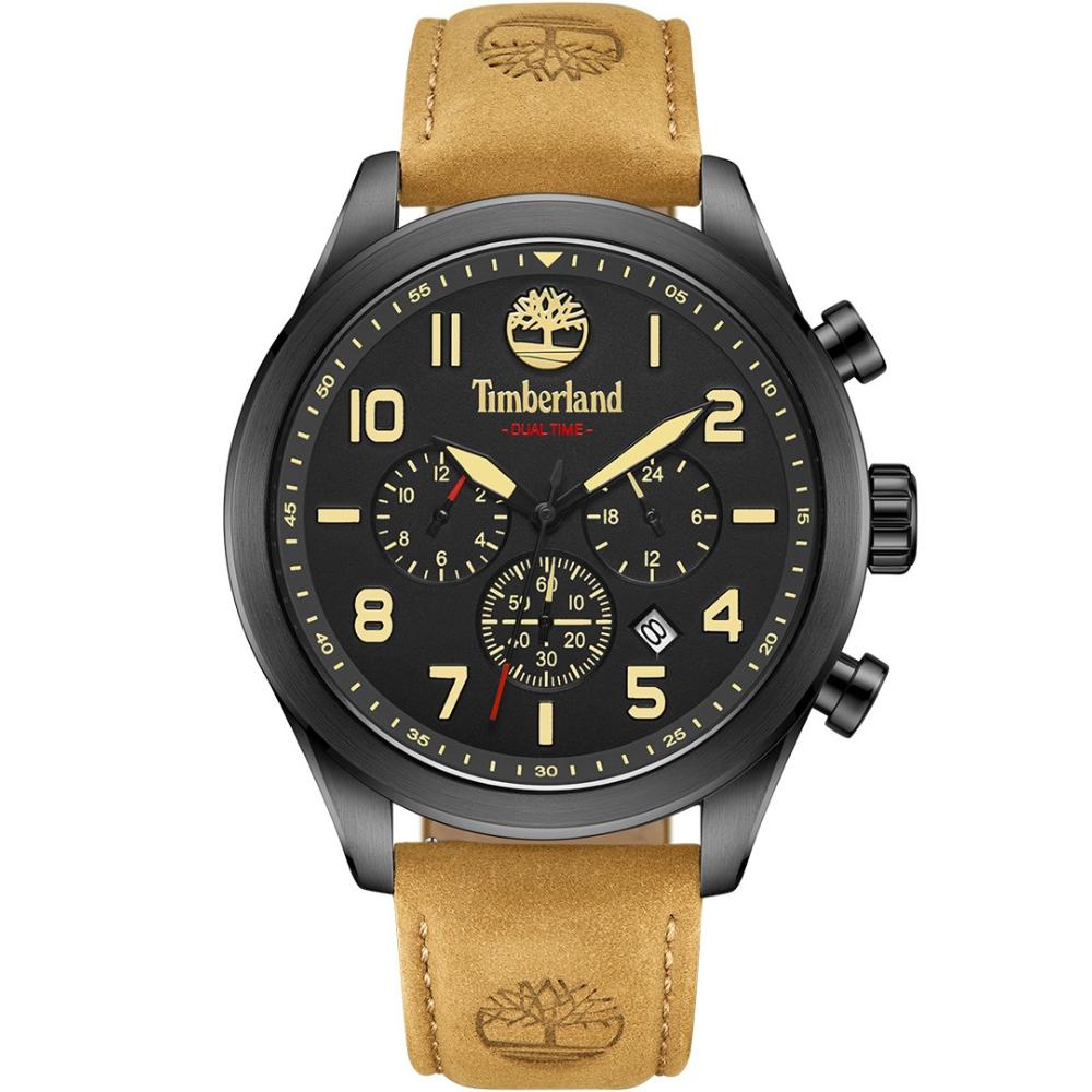 TIMBERLAND Ashmont Dual-Time Multifunction 46mm Black Stainless Steel Brown Leather Strap TDWGF0009701
