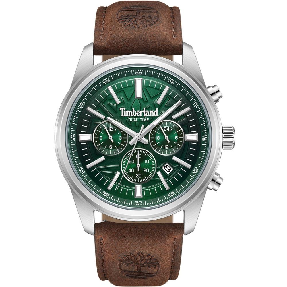 TIMBERLAND Northbridge Dual Time Green Dial 45mm Silver Stainless Steel Brown Leather Strap TDWGF0041206