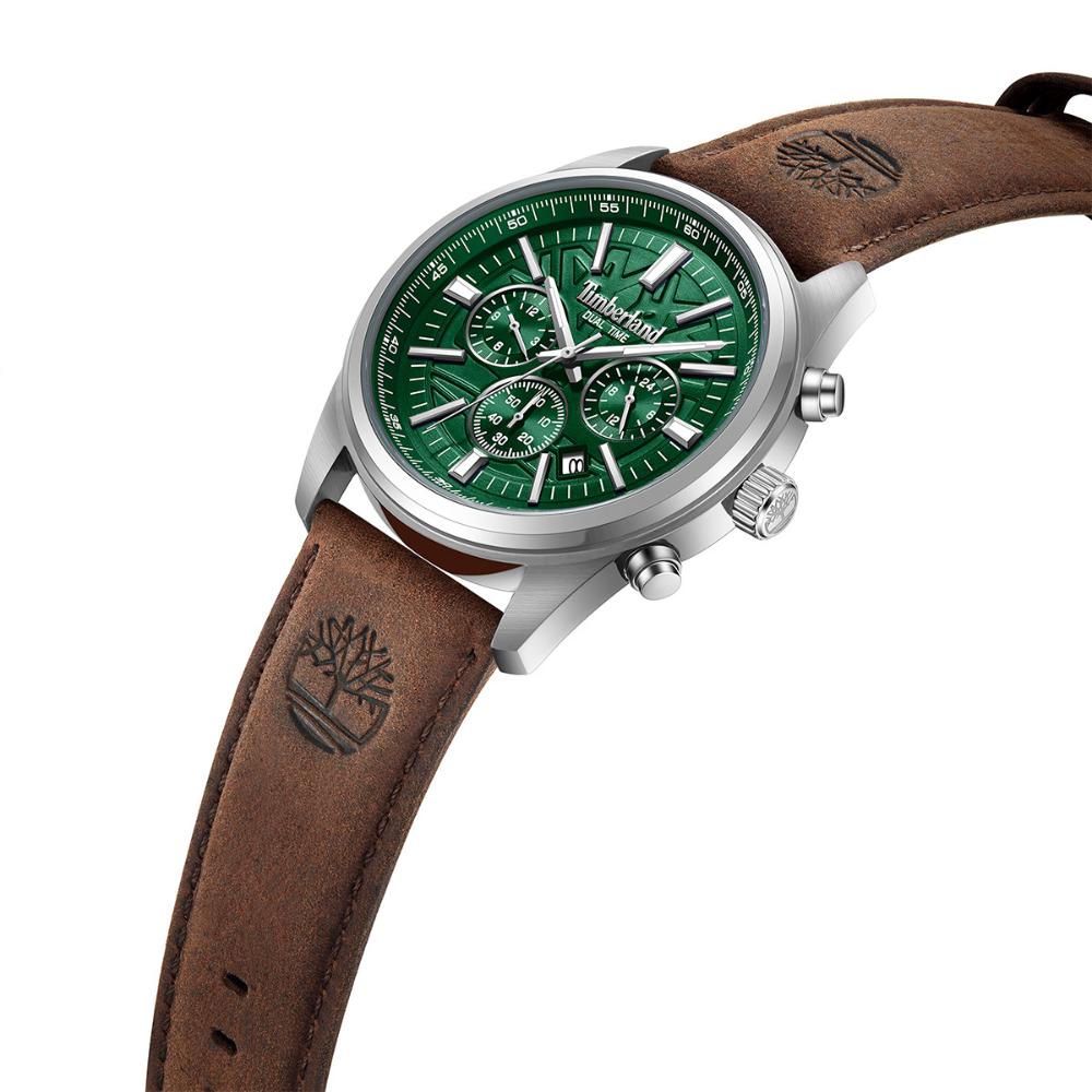 TIMBERLAND Northbridge Dual Time Green Dial 45mm Silver Stainless Steel Brown Leather Strap TDWGF0041206