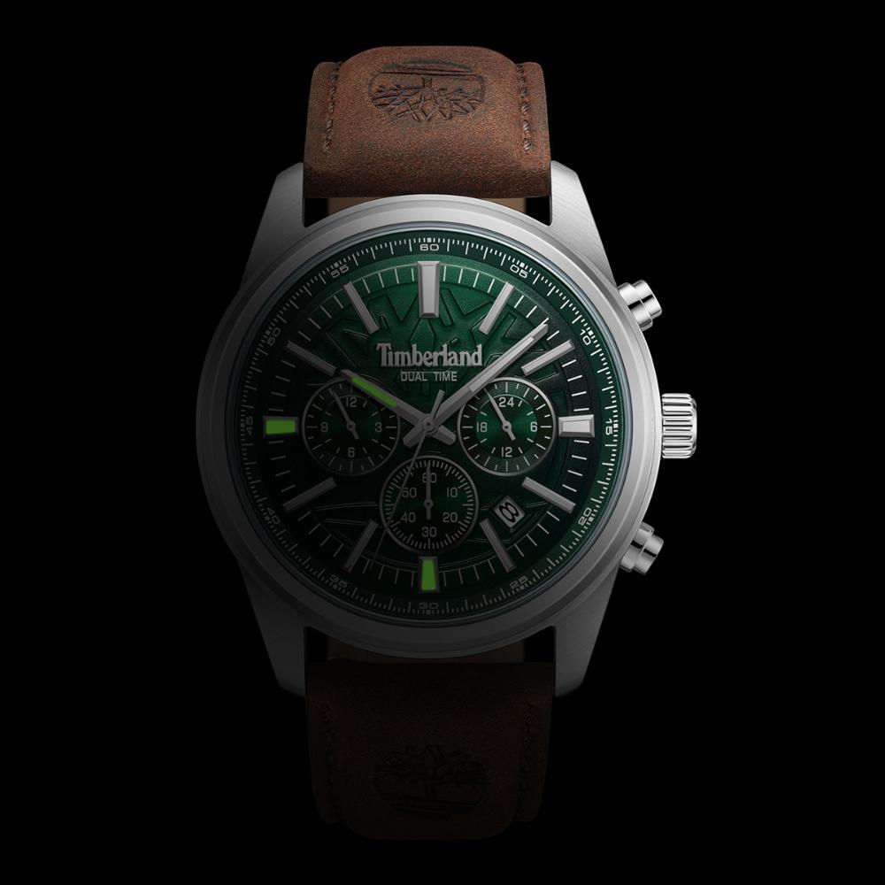 TIMBERLAND Northbridge Dual Time Green Dial 45mm Silver Stainless Steel Brown Leather Strap TDWGF0041206