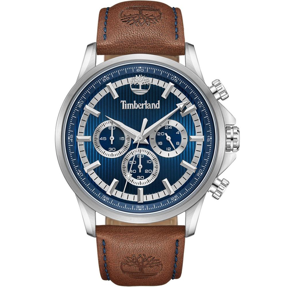 TIMBERLAND Bernardston Chronograph Blue Dial 45mm Silver Stainless Steel Brown Leather Strap TDWGF0054602