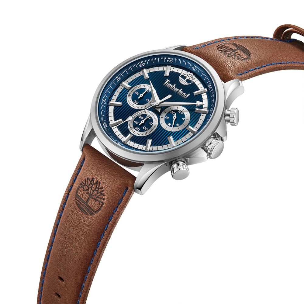 TIMBERLAND Bernardston Chronograph Blue Dial 45mm Silver Stainless Steel Brown Leather Strap TDWGF0054602