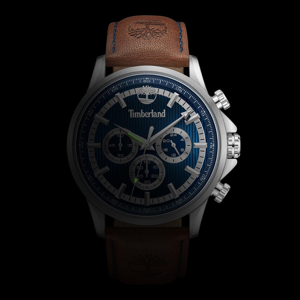 TIMBERLAND Bernardston Chronograph Blue Dial 45mm Silver Stainless Steel Brown Leather Strap TDWGF0054602