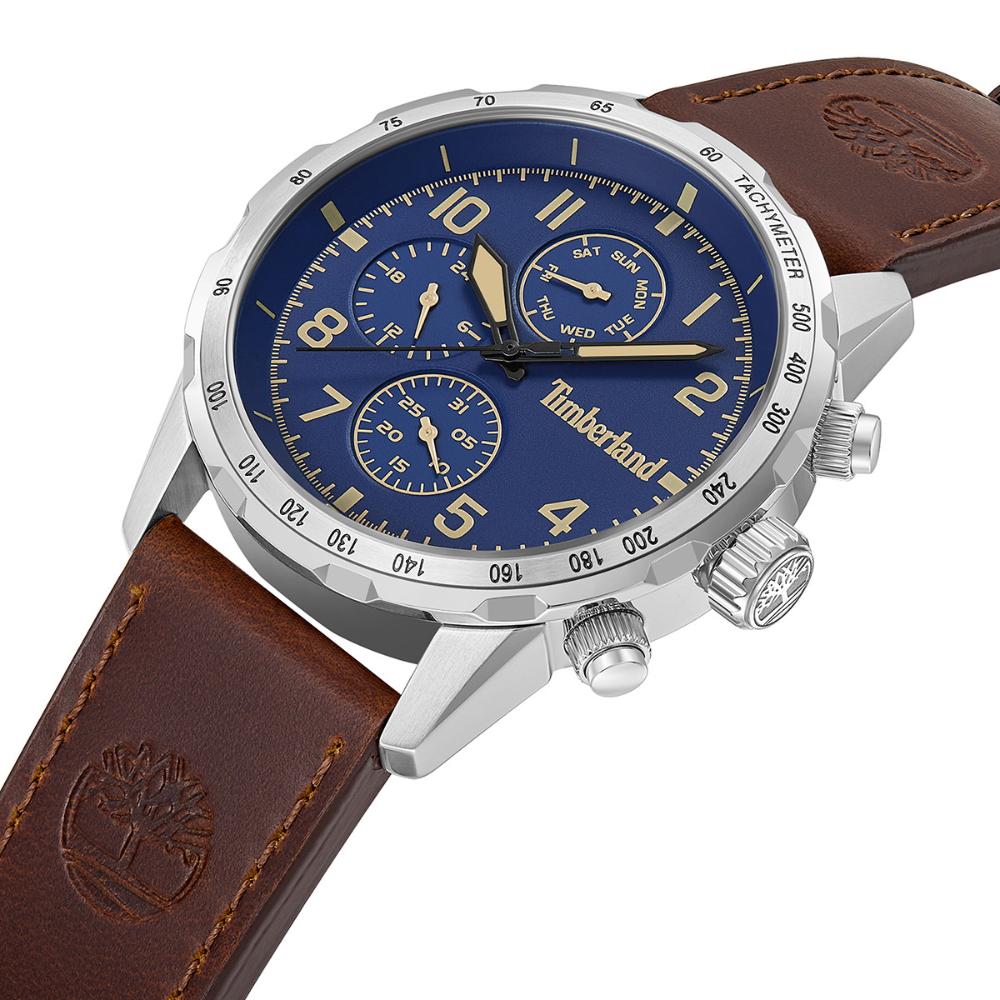 TIMBERLAND Campton Multifunction Blue Dial 44mm Silver Stainless Steel Brown Leather Strap TDWGF0055401
