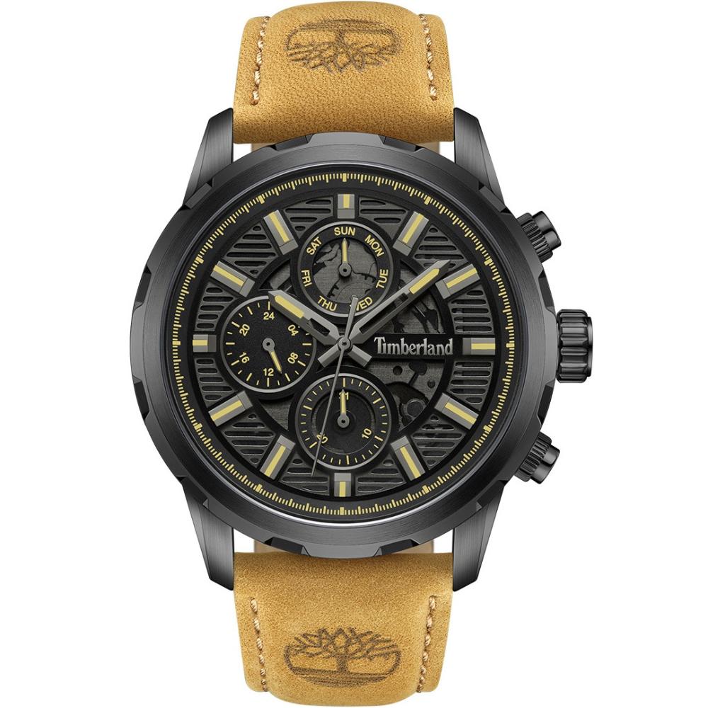 TIMBERLAND Hampton Multifunction Black Dial 46mm Black Stainless Steel Brown Leather Strap TDWGF0056101