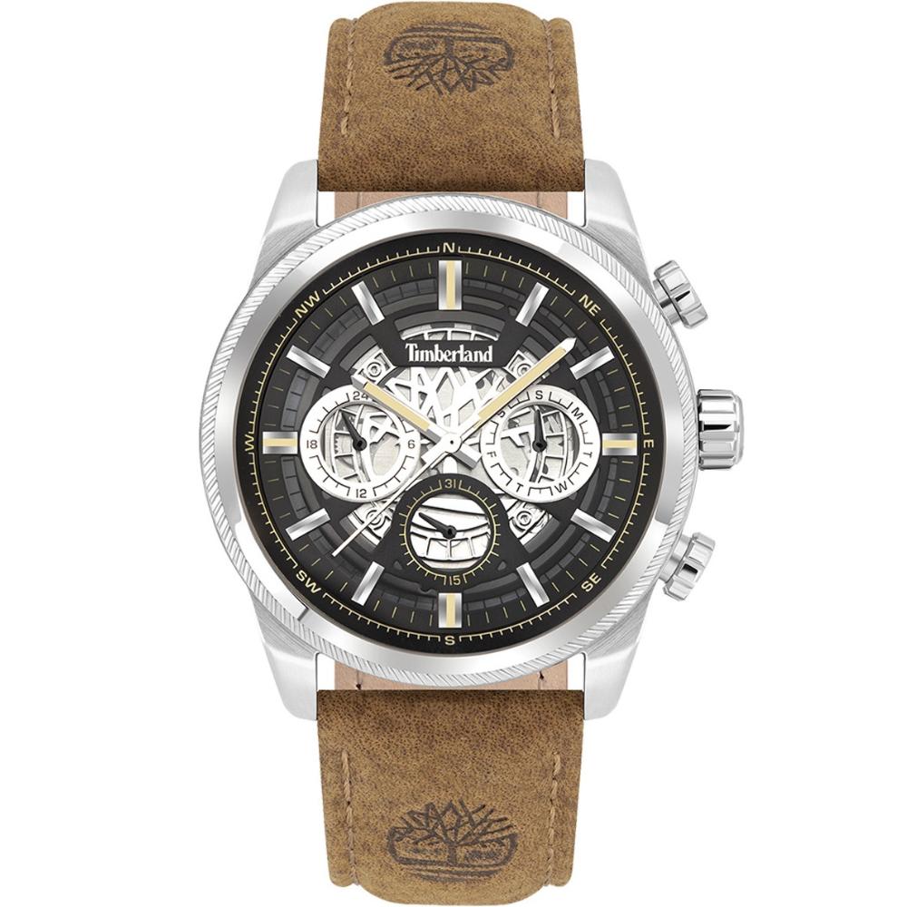 TIMBERLAND Hadlock Multifunction 46mm Silver Stainless Steel Brown Leather Strap TDWGF2200704
