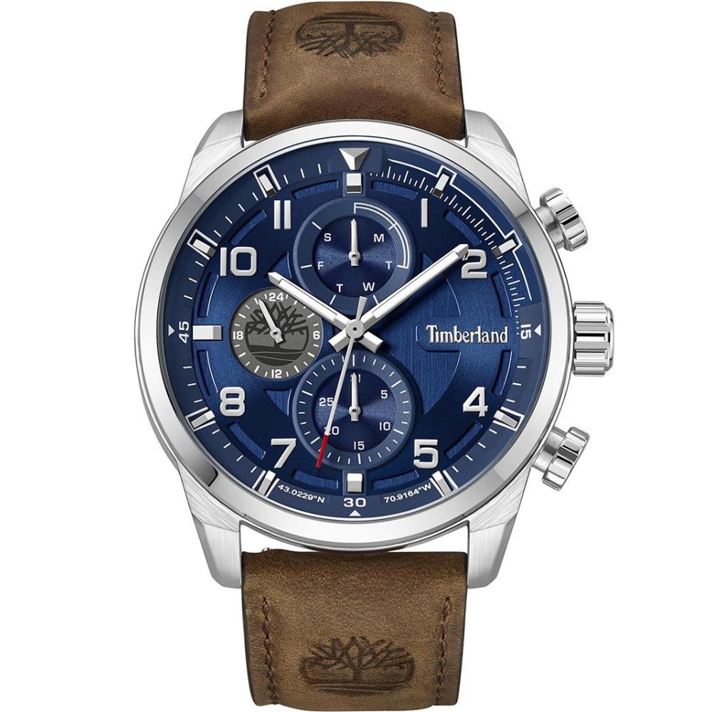 TIMBERLAND Henniker II Multifunction Blue Dial 46mm Silver Stainless Steel Brown Leather Strap TDWGF2201106