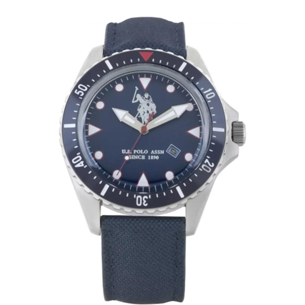 U.S. POLO Three Hands 45mm Silver Stainless Steel Blue Fabric Strap USP4199BK