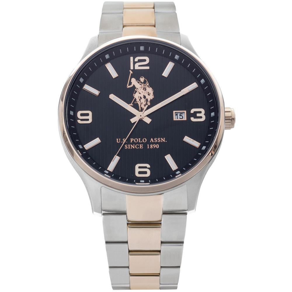 U.S. POLO Herald Three Hands 44mm Two Tone Rose Gold And Silver Stainless Steel Bracelet USP4340BK