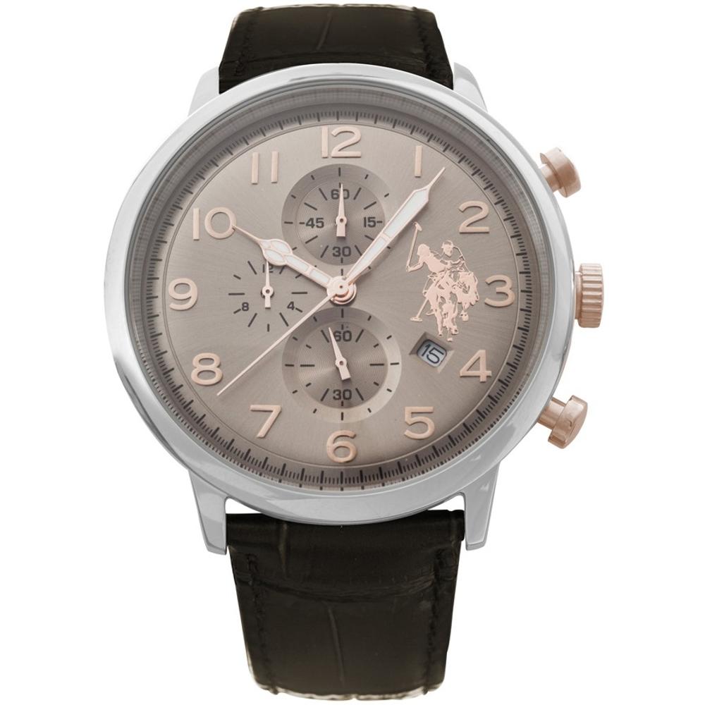 U.S. POLO Varenne Chronograph 44mm Silver Stainless Steel Brown Leather Strap USP4355BR