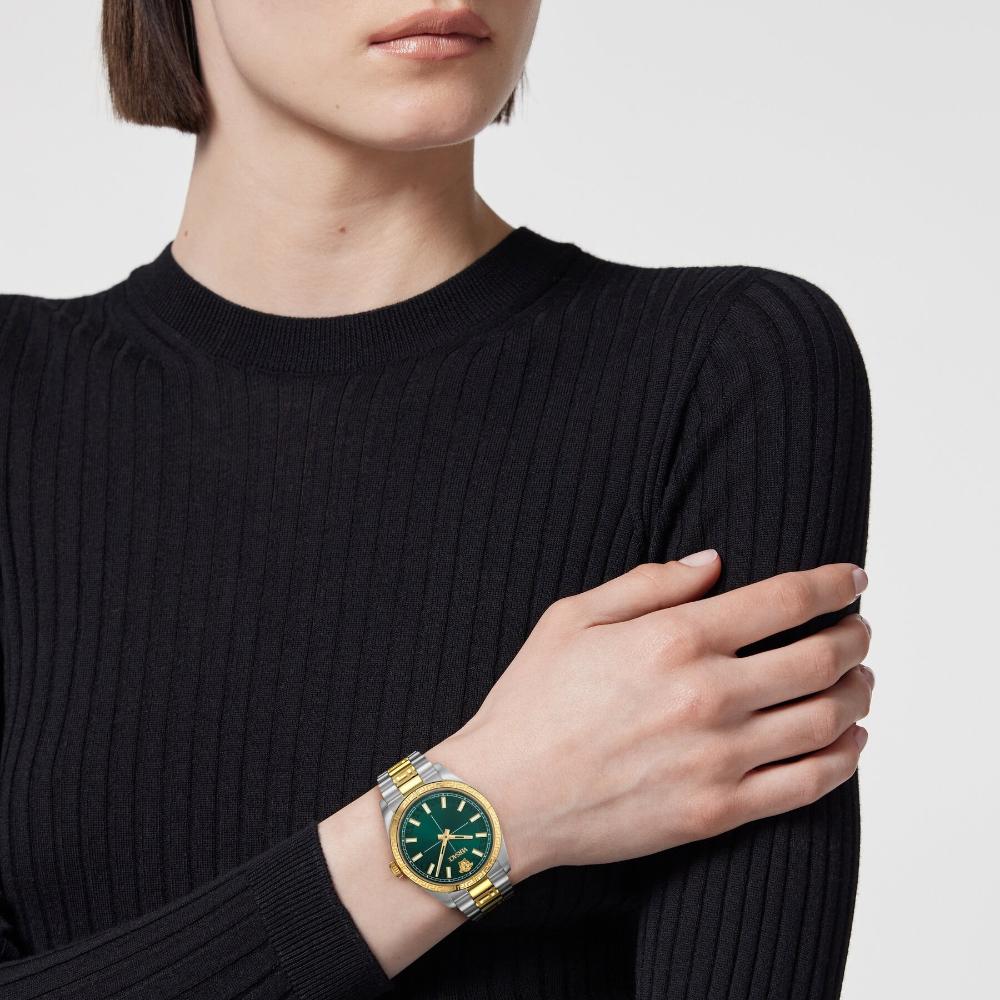VERSACE Millenyium Lady Green Sunray Dial 32mm Two Tone Gold Stainless Steel Bracelet VE0E00425