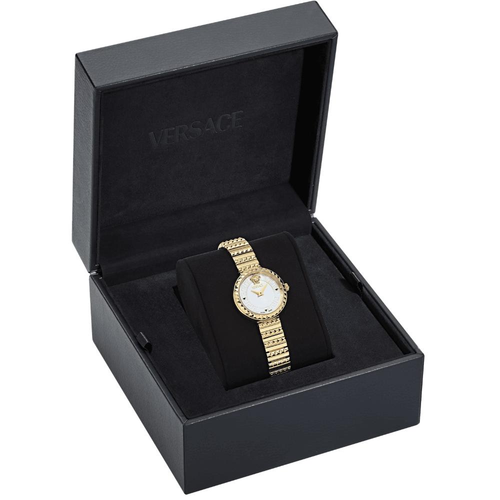 VERSACE Greca Goddess Petite Silver Dial 28mm Gold Stainless Steel Bracelet VEDFA0324