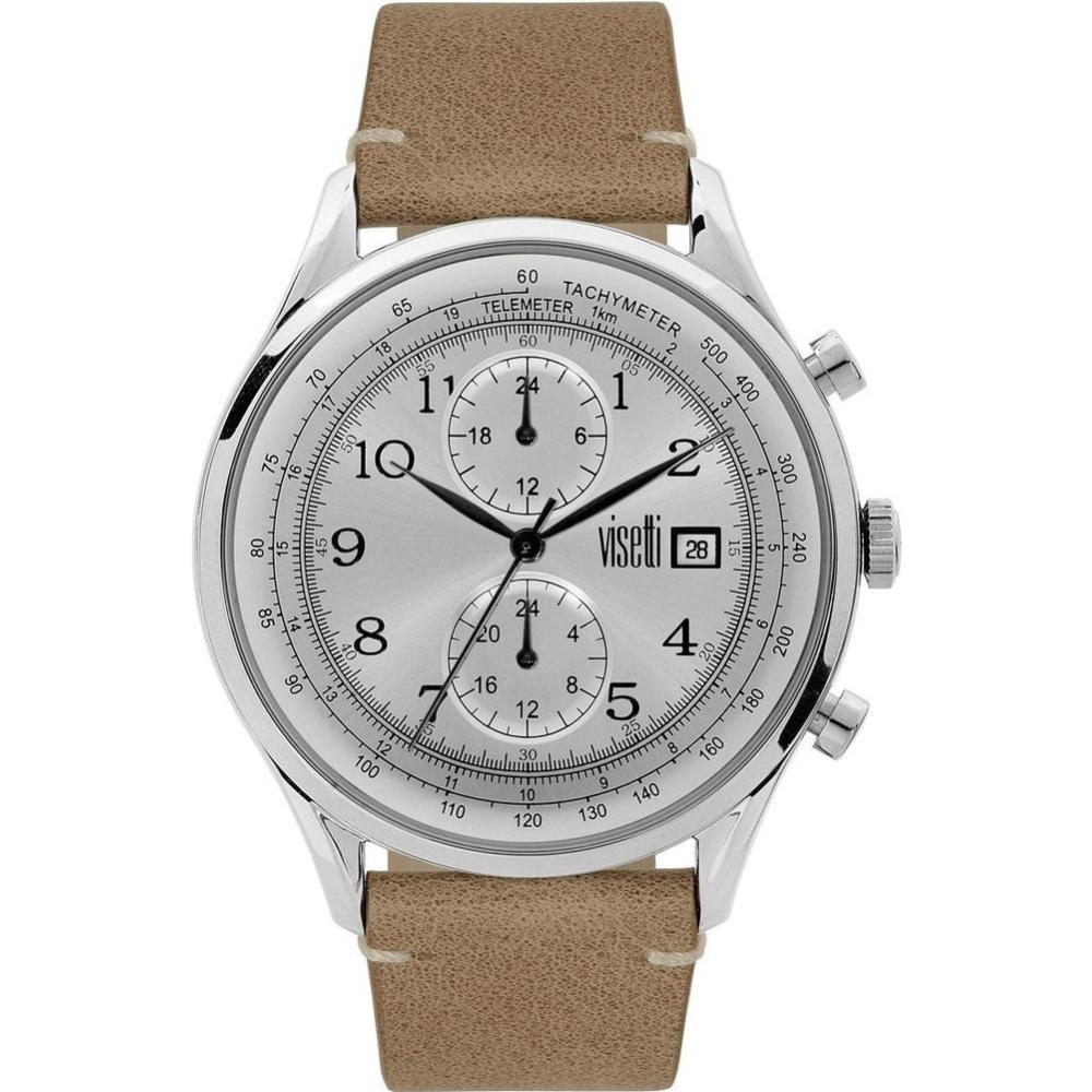 Visetti Apollo Multifunction 44mm Silver Stainless Steel Brown Leather Strap ZE-638SBE