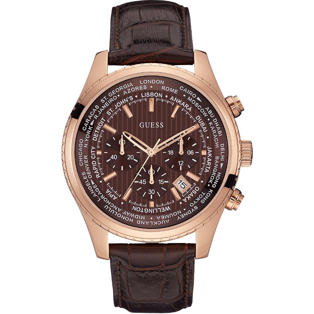 GUESS Chronograph 46mm Rose Gold Stainless Steel Brown Leather Strap W0500G3
