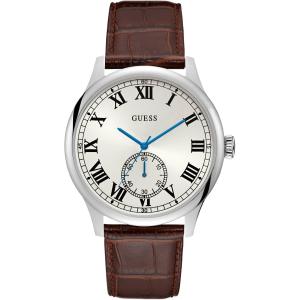 GUESS Cambridge Three Hands 44mm Silver Stainless Steel Brown Leather Strap W1075G4 - 2932