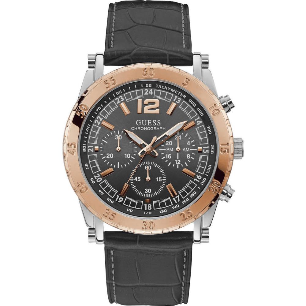 GUESS Valor Multifunction 46mm Two Tone Silver & Rose Gold Stainless Steel Black Leather Strap W1311G1
