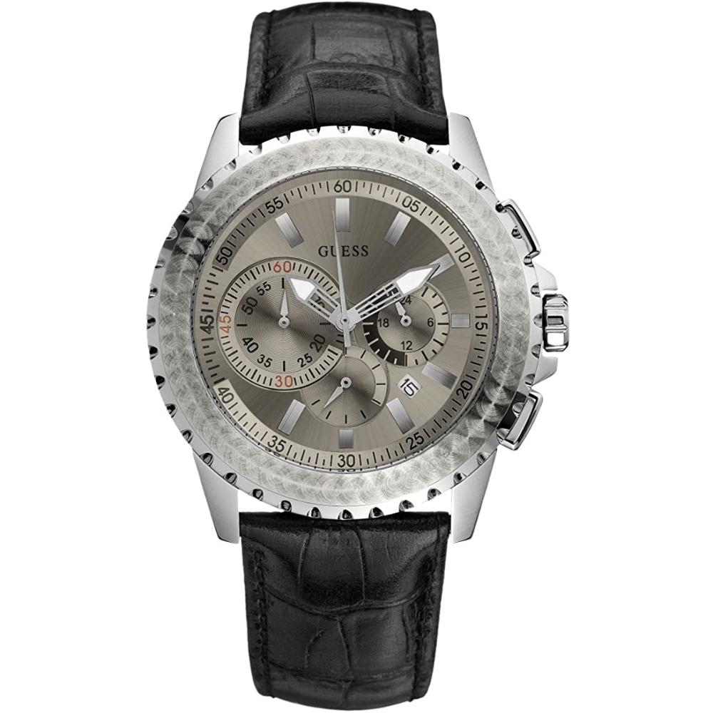 GUESS Galaxy Chronograph 42mm Silver Stainless Steel Black Leather Strap W17523G1 - 1